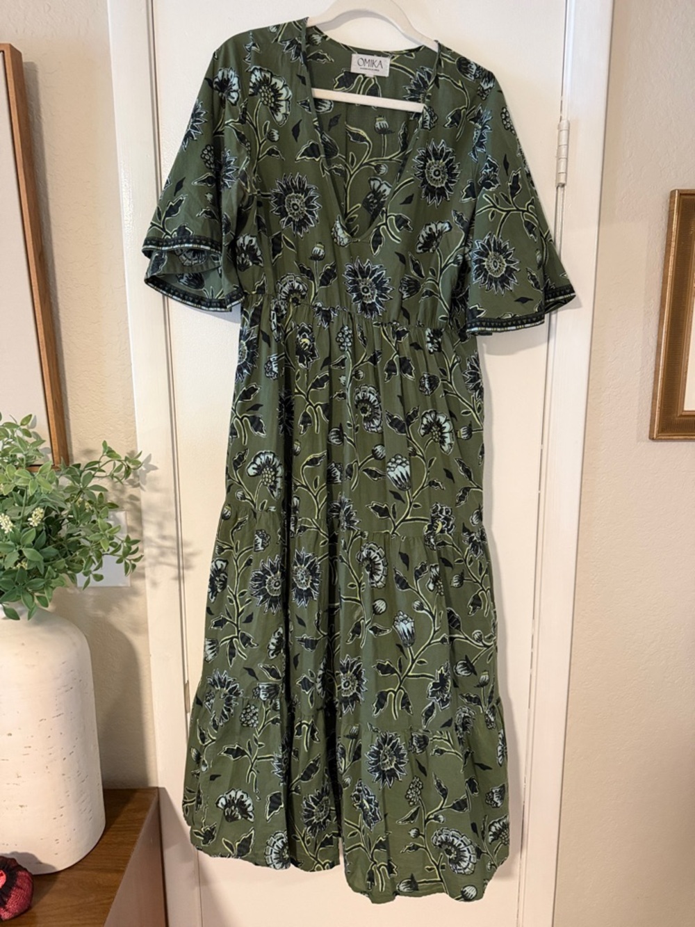 Omka Olive Green Floral Maxi Dress with V-Neck